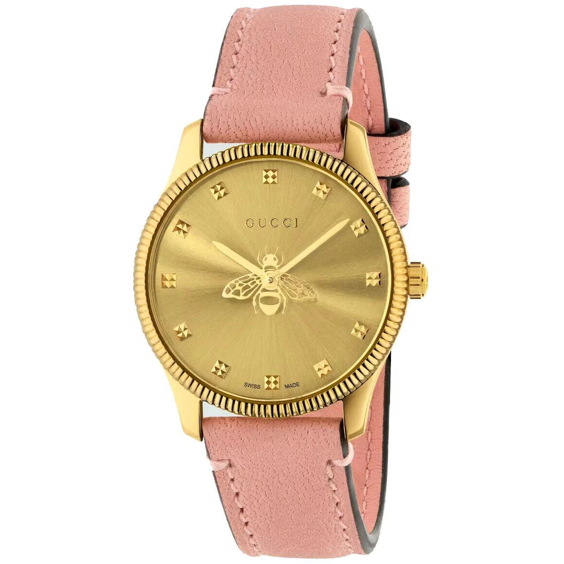 Gucci G-timeless Gold Dial Pink Leather Strap Women`s Watch YA1265041