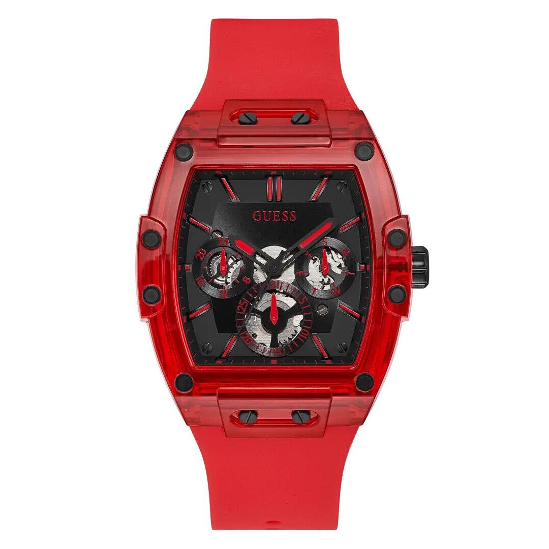 Guess Men`s 43mm Stunning Black Sunray Dial Red Case Red Silicone Watch GW0203G5