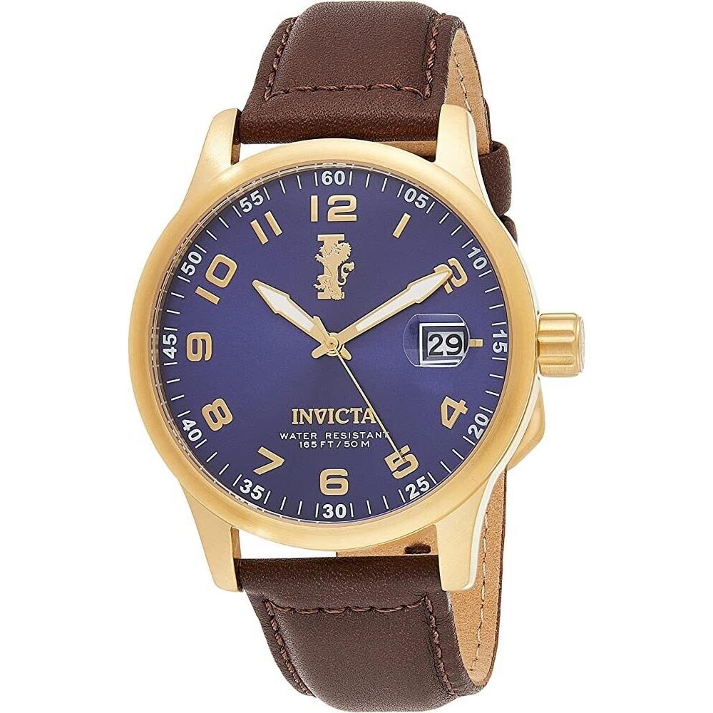 Invicta 44mm I Force Quartz Gold Tone Case Blue Dial Brown Leather Strap Watch - Dial: Blue, Band: Brown, Bezel: Gold