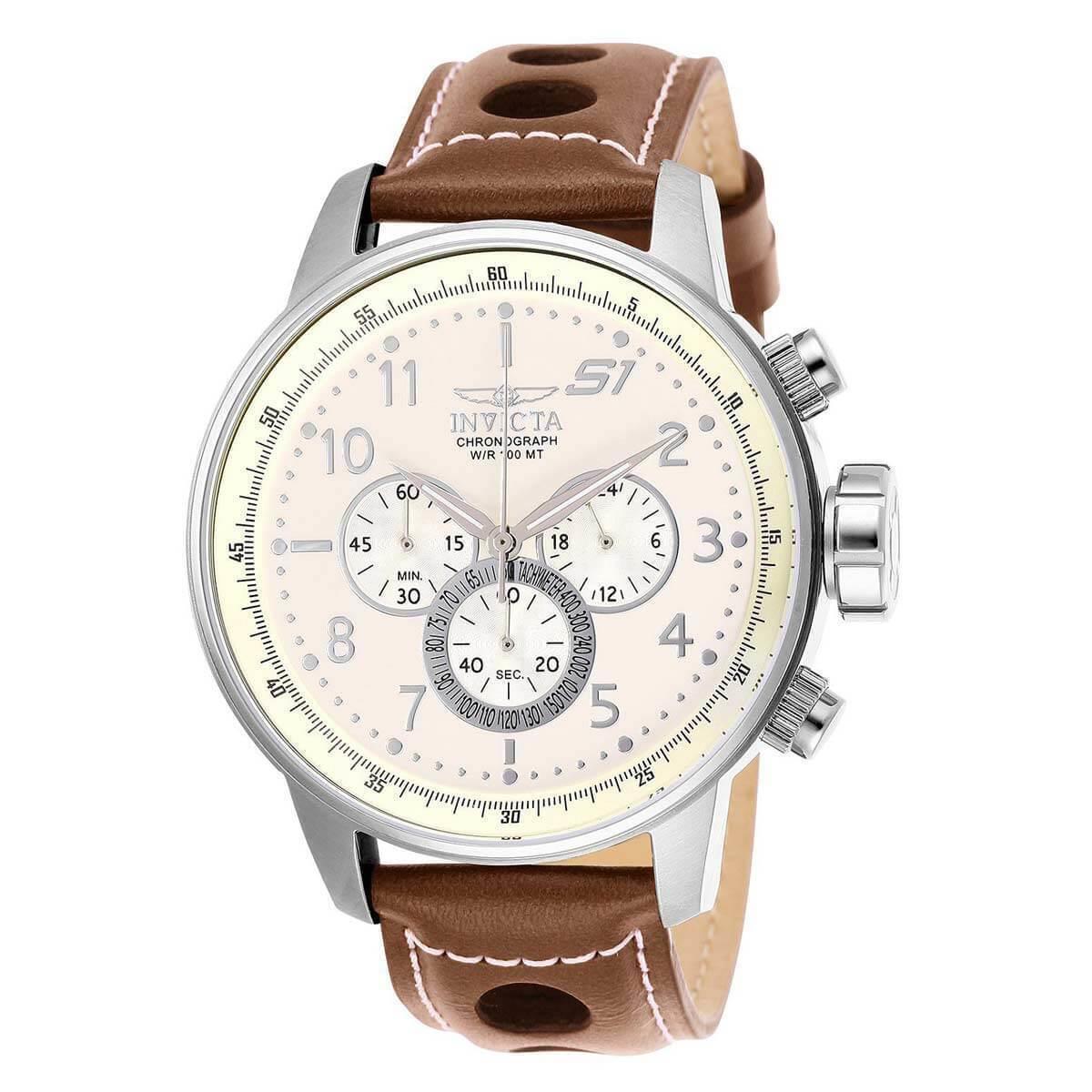 Invicta Men`s Chronograph Watch S1 Rally Beige Dial Brown Leather Strap 25724