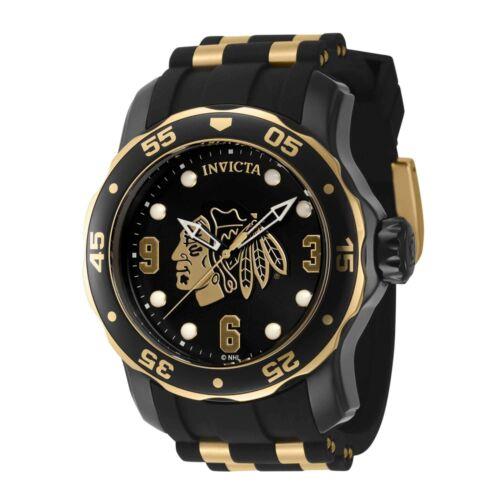 Invicta Men`s Watch Nhl Chicago Blackhawks Rotating Bezel Silicone Strap 42315 - Dial: Gold, Black, Band: Yellow, Black