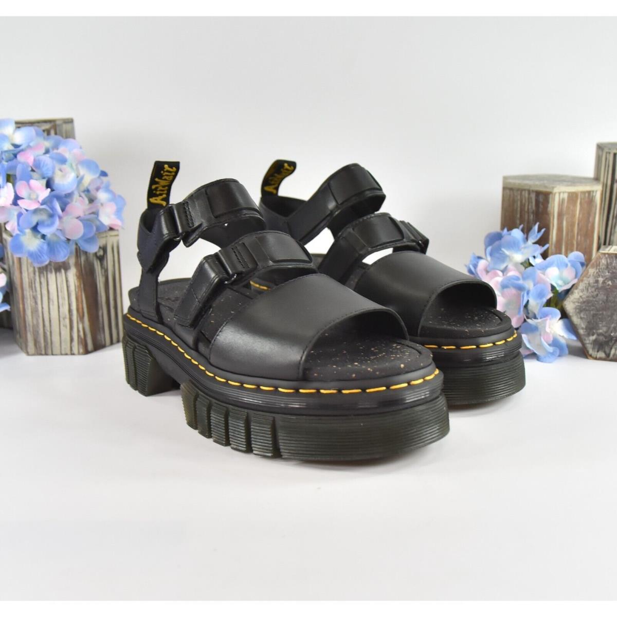 Dr. Martens Ricki 3 Strap Black Nappa Lux Leather Lug Sole Sandal Shoes Sz 9