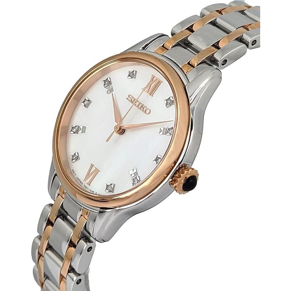 Seiko Core Quartz Diamond Mop Dial Ladies Watch -SRZ542P1 - Dial: Mother of Pearl, Band: Two-tone (Silver-tone and Rose Gold-tone), Bezel: Silver-tone