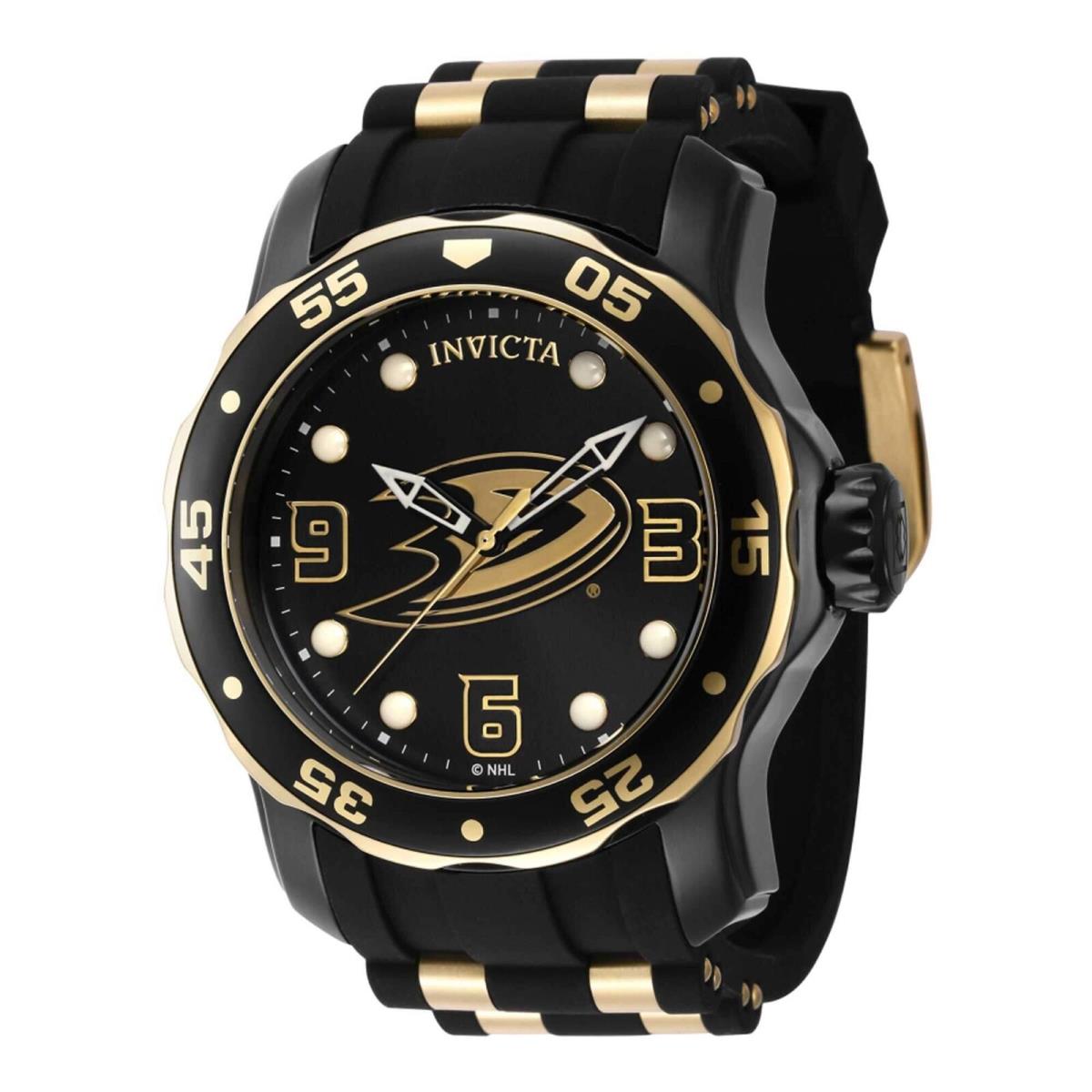 Invicta Men`s Watch Nhl Anaheim Ducks Rotating Bezel Black Rubber Strap 42316 - Dial: Gold, Black, Band: Yellow, Black