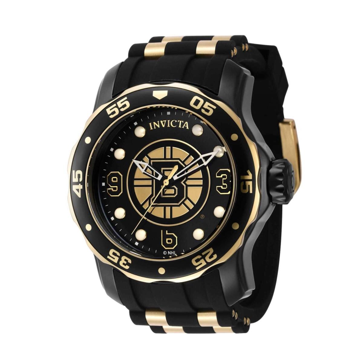 Invicta Men`s Watch Nhl Boston Bruins Rotating Bezel Black Rubber Strap 42320