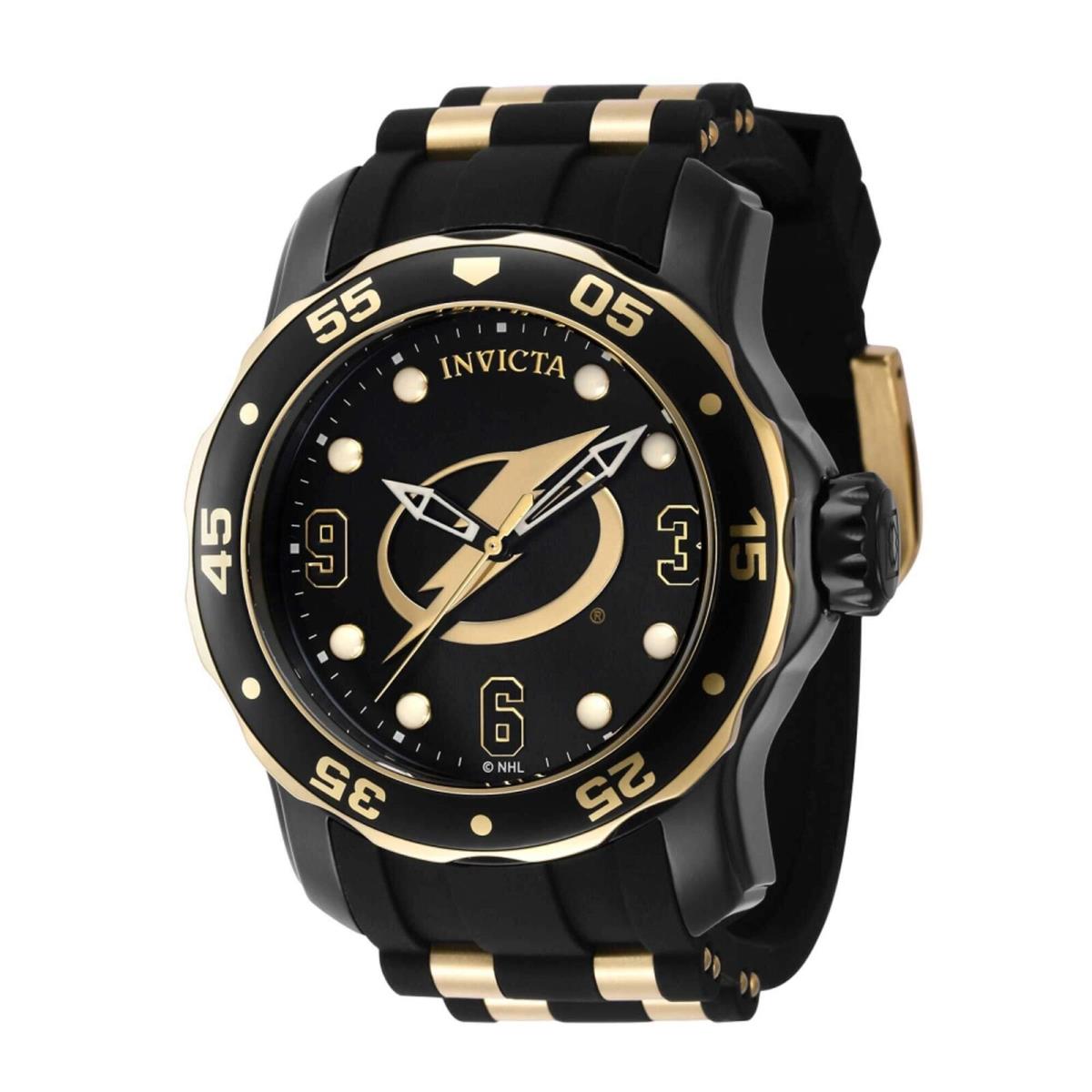 Invicta Men`s Watch Nhl Tampa Bay Lightning Rotating Bezel Rubber Strap 42319 - Dial: Gold, Black, Band: Yellow, Black