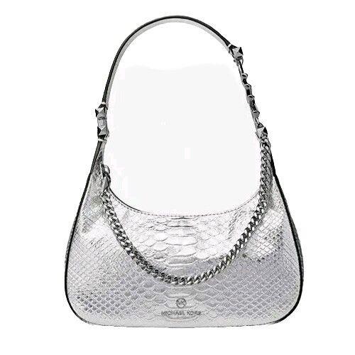 Michael Kors Piper Silver Snake Embossed Leather Chain Small Shoulder Bag