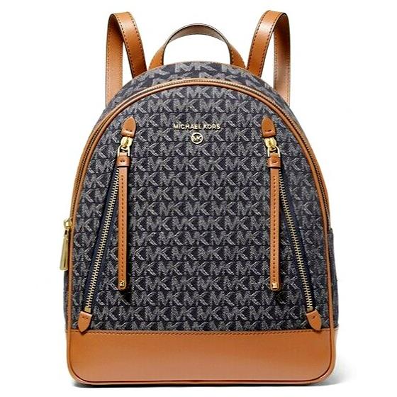 Michael Kors Brooklyn MD Backpack Denim Logo Brown Travel School Bag