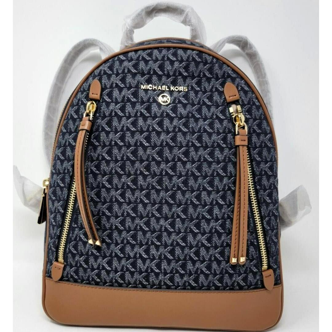 Michael Kors Brooklyn MD Backpack Denim Logo Brown Travel School Bag