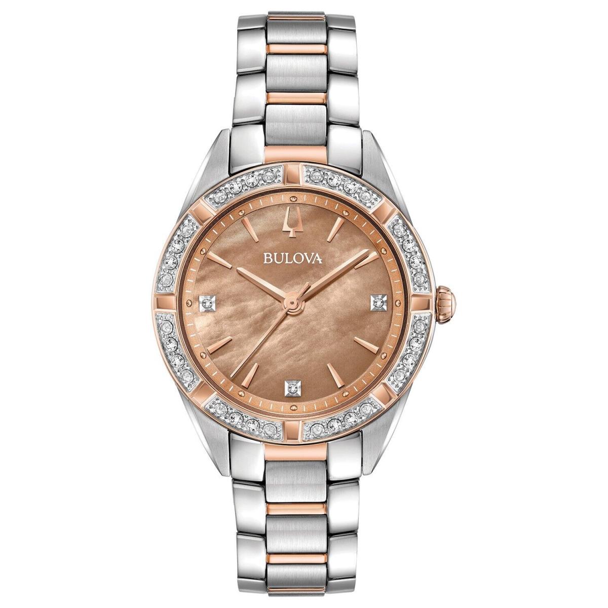 Bulova Women`s Sutton Diamond Accent Quartz Rose Gold Silver Watch 32MM 98R264 - Dial: Brown, Rose Gold, Band: Silver, Bezel: Gold, Rose Gold, Rose