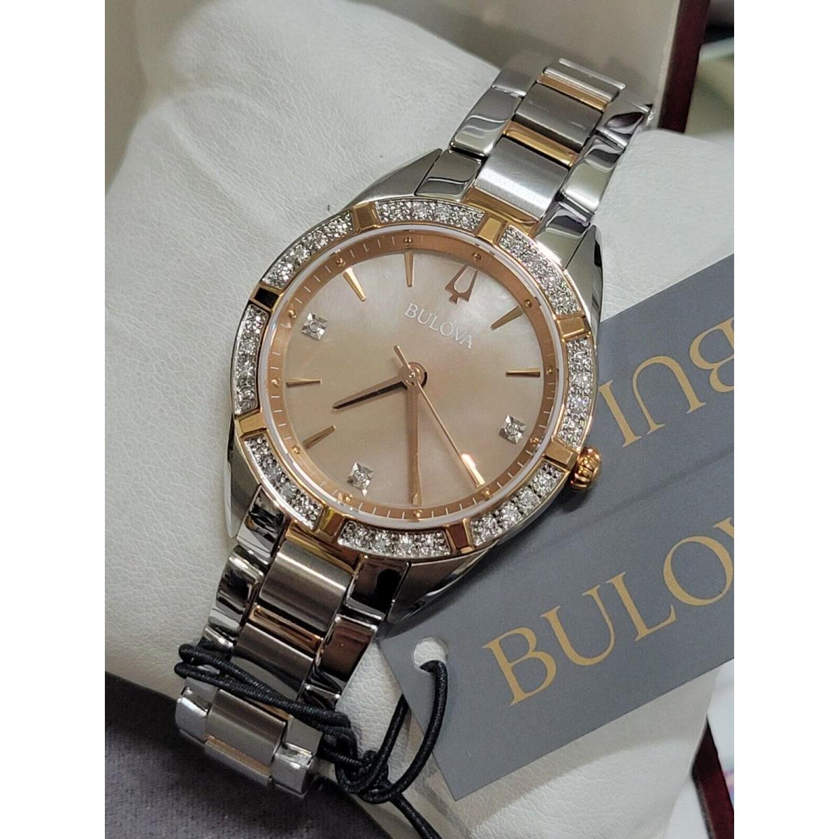 Bulova Classic Women`s Sutton Diamond Stainless Steel Bracelet Watch 98R264 - Dial: Brown, Rose Gold, Band: Silver, Bezel: Gold, Rose Gold, Rose