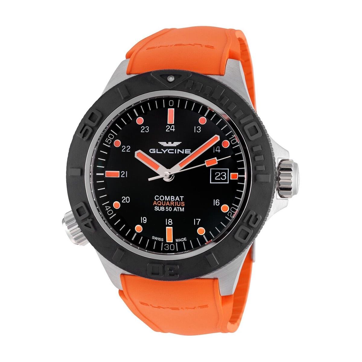 Glycine GL0040 Combat Sub Aquarius Black Dial Orange Rubber Automatic Watch
