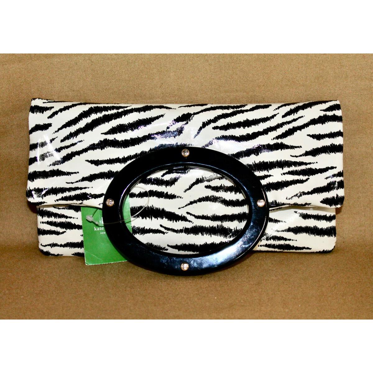 Kate Spade Jocelyn Foldover Clutch Bag Black White Patent Animal Stripe Tote