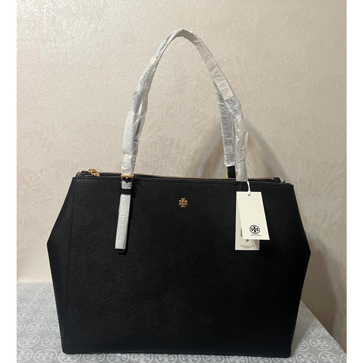 Tory Burch Emerson Large Double Zip Tote Black Saffiano Leather Bag 134837
