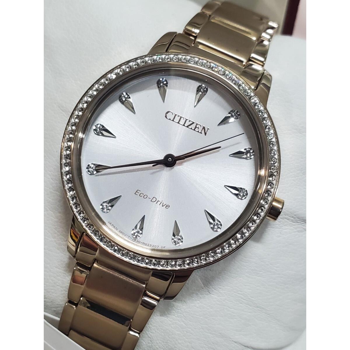 Citizen Eco-drive Silhouette Crystal Women`s Watch FE7043-55A - Dial: Silver, Band: Rose Gold, Bezel: Rose Gold