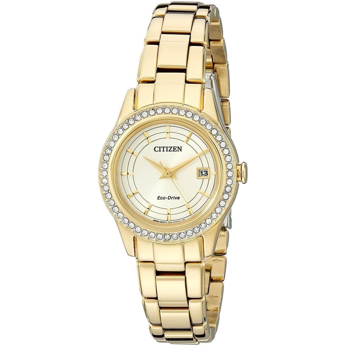 Citizen Eco Drive FE1122-53P Champagne Dial Gold Tone Crystal Bezel Womens Watch