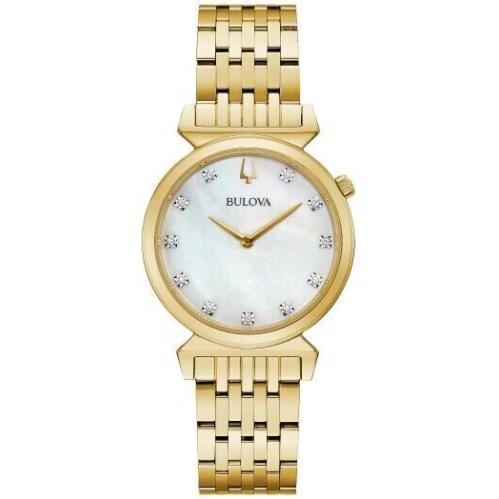 Bulova Women`s Regatta Classic Quartz Gold Stainless Steel Watch 30 MM 97P149 - Dial: White, Band: Gold, Yellow, Bezel: Gold