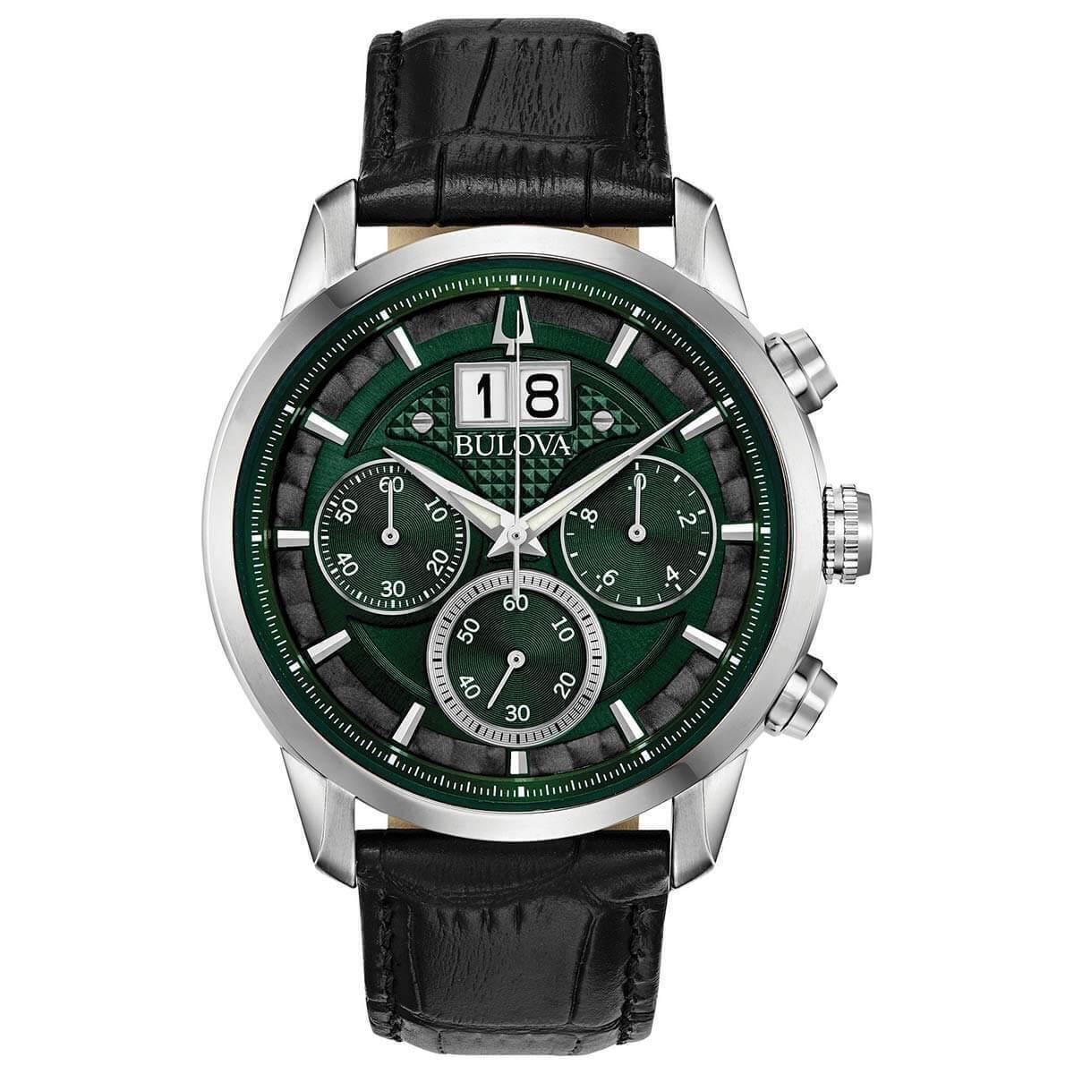 Bulova Men`s Watch Sutton Chronograph Green Dial Black Leather Strap 96B310 - Face: Green, Black, Dial: Black, Green, Band: Black