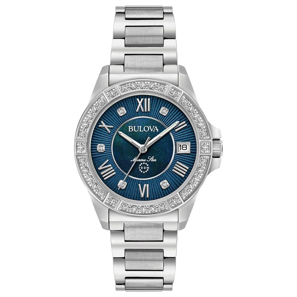 Bulova Marine Star Ladies Diamond Watch 96R215 - Dial: Blue, Band: Silver, Bezel: Silver