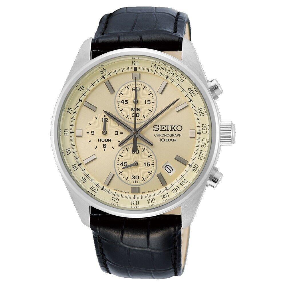 Seiko SSB383 Men`s Black Leather Band Beige Dial Chronograph Watch - Dial: Beige, Band: Black