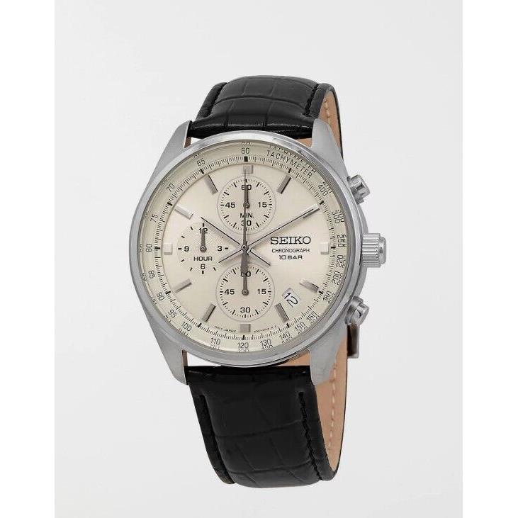 Seiko Beige Chronograph Dial Leather Strap Men`s Watch SSB383P1 - Dial: Beige, Band: Black, Bezel: Silver