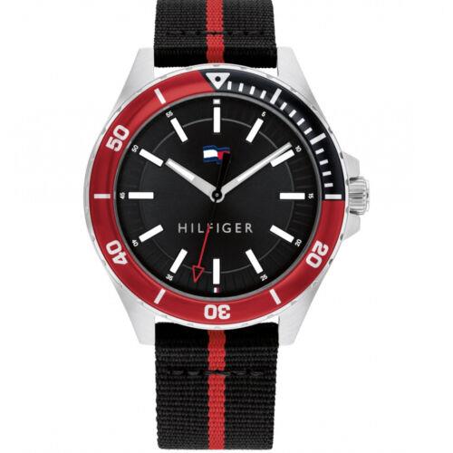 Tommy Hilfiger Men`s Watch Logan Fixed Bezel Black and Red Nylon Strap 1792010