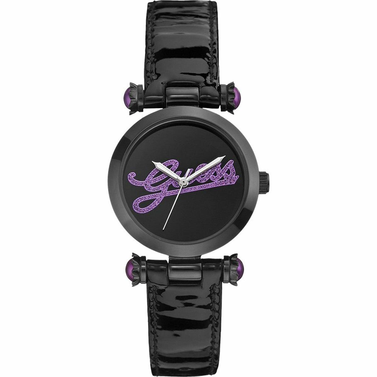 Guess Women`s Purple Glitz Logo w/ Black Patent Leather Band 33 mm Watch