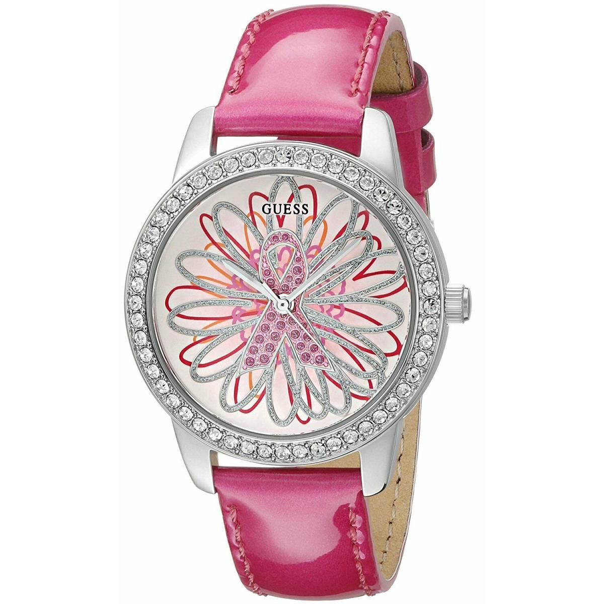 Guess Women`s Pink Patent Leather Crytsal Breast Cancer Awareness 36mm Watch