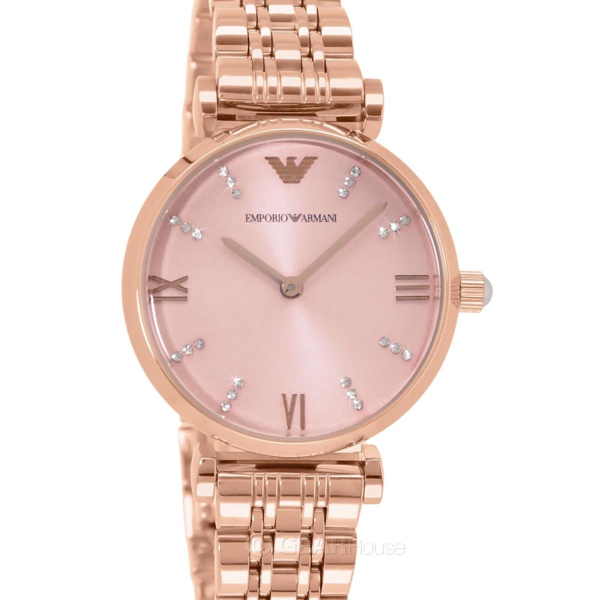 Emporio Armani Womens Rose Gold Dress Watch Crystals Dial Stainless Steel B