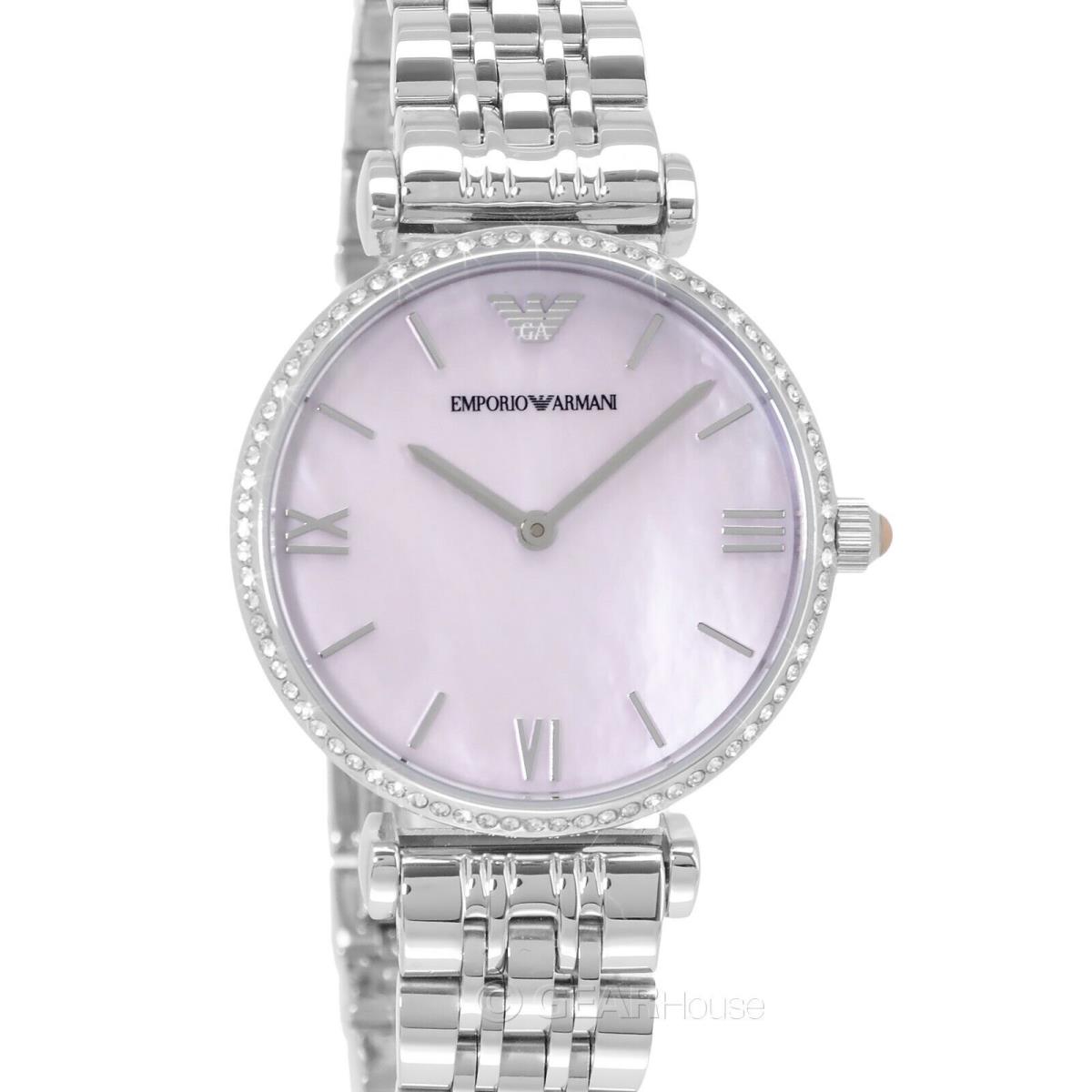 Emporio Armani Womens Dress Watch Pink Mop Dial Crystals Stainless Steel B