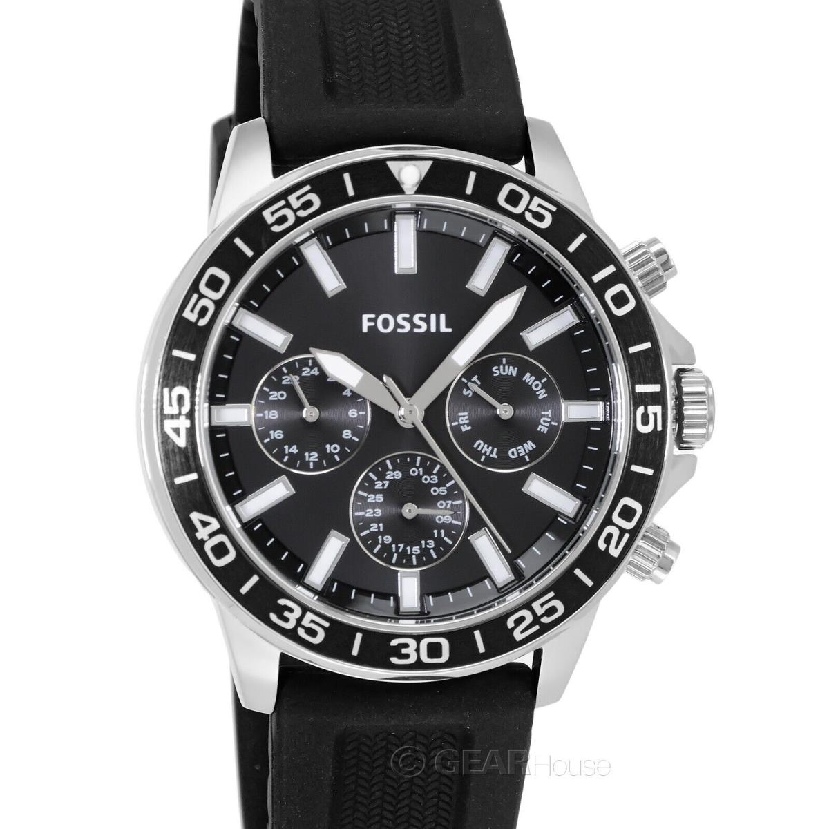 Fossil Bannon Mens Multifunction Watch Silicone Band Black Silver Dial Day Date