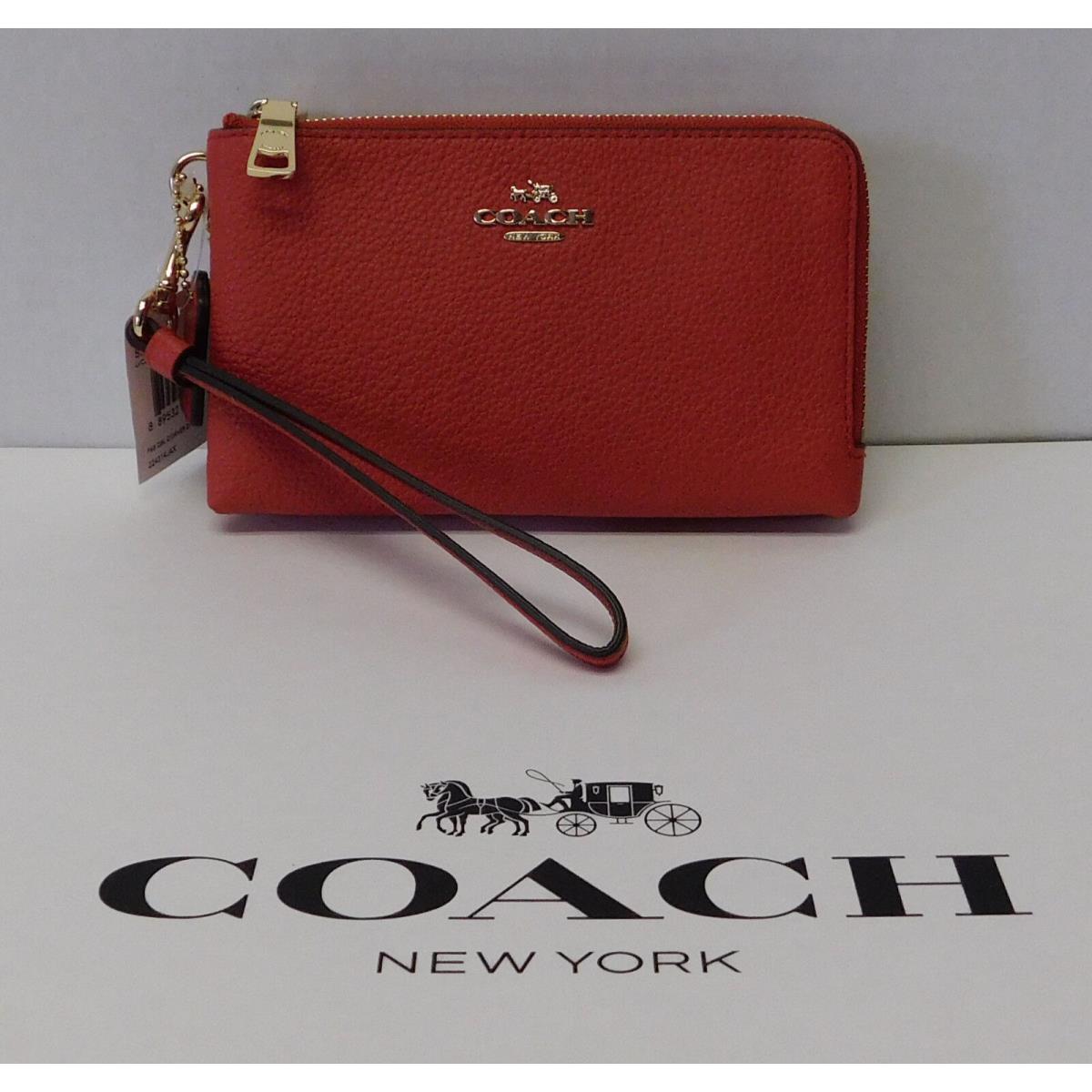 Coach Double Corner Zip Coral Leather Wallet Wristlet Clutch Purse