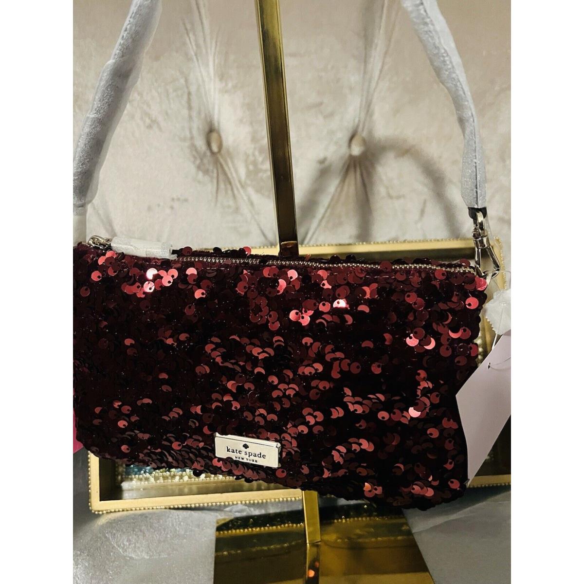 Kate Spade Kiki Sequin Fabric Convertible Wristlet Small Handbag Deep Berry factory Bag