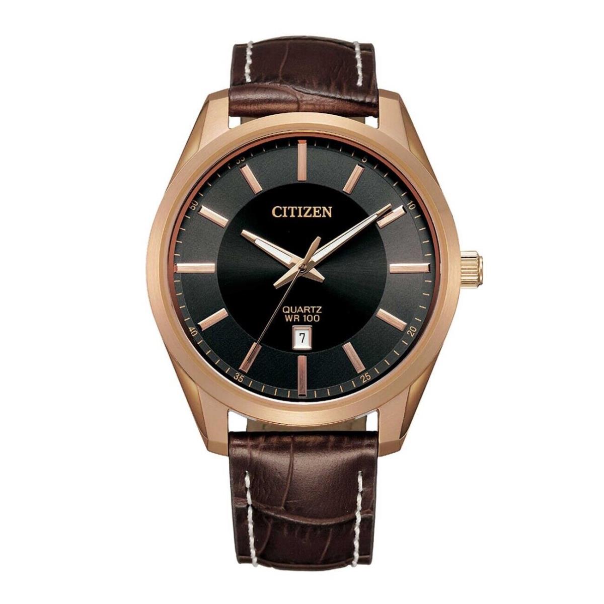 Citizen Quartz Mens Black Dial Brown Leather Strap Watch BI1033-04E - Dial: Black