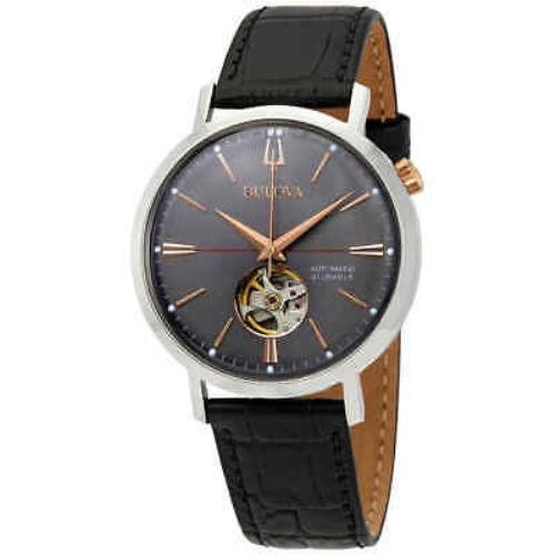 Bulova Classic Automatic Grey Dial Black Leather Men`s Watch 98A187 - Dial: Gray, Band: Black, Bezel: Silver-tone