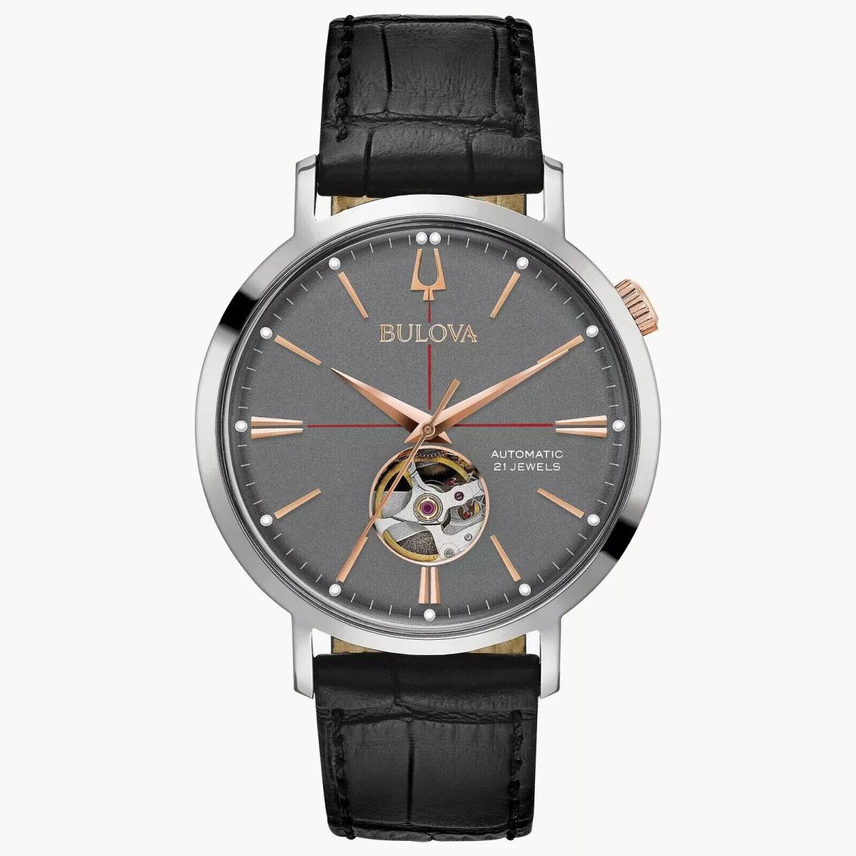 Bulova Men`s Classic Aerojet Automatic Skeleton Black Leather 41 MM 98A187 - Dial: Gray, Band: Black