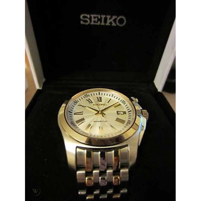 Seiko Men`s Kinetic SKA470P1 Stainless Steel Gold Silver Pvd Bracelet Watch - Dial: White, Band: Gold, Silver, Manufacturer Face: White