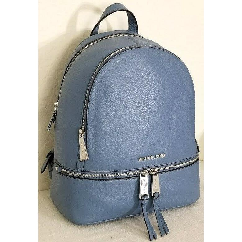 Michael Kors Rhea Zip Backpack Denim Blue Lthr Silver Travel School Bag