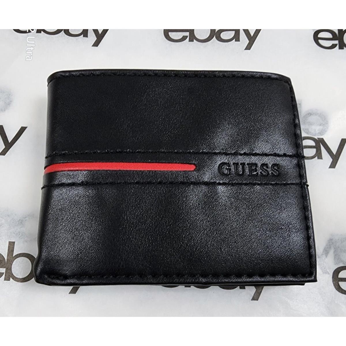 Guess Black Leatherette Red Accent Logo Men`s Rfid Bifold Wallet