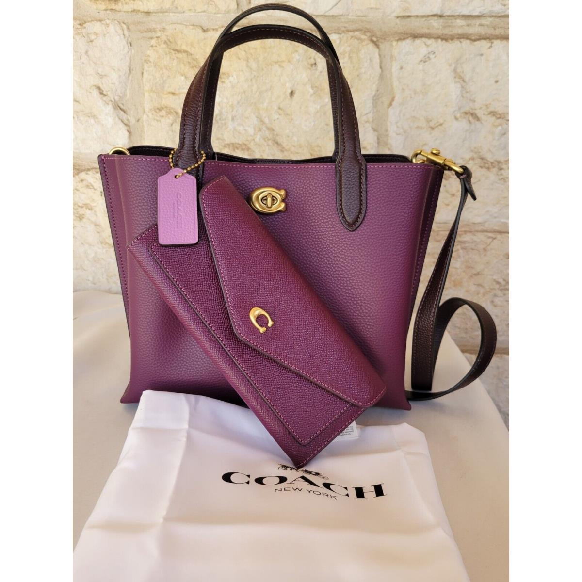 Coach Willow Tote 24 Crossbody/handbag Leather Deep Berry or Purse + Wallet Set