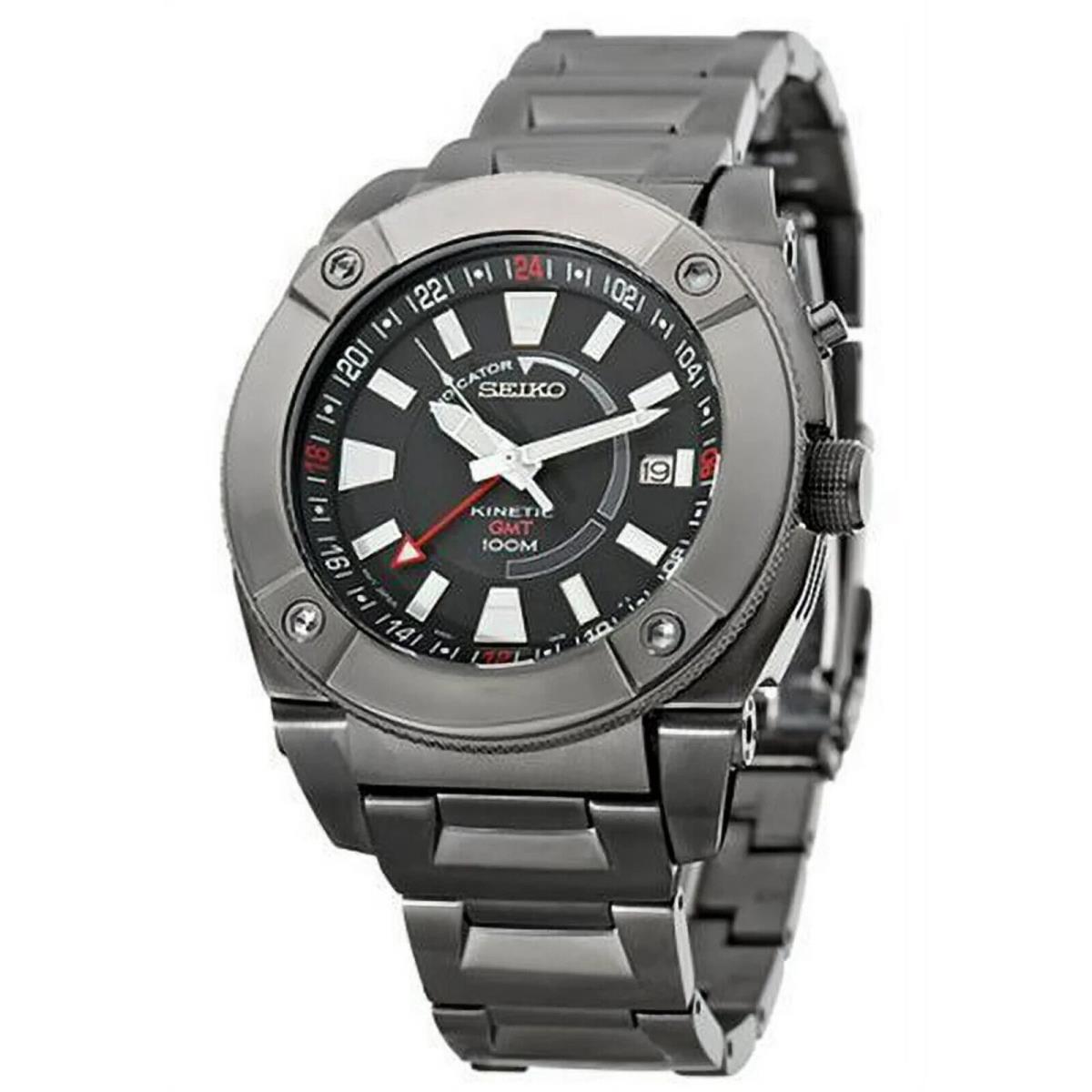 Seiko Men`s Kinetic Gmt Watch Black Ion Model SUN007 - Dial: Black, Band: Black, Bezel: Black