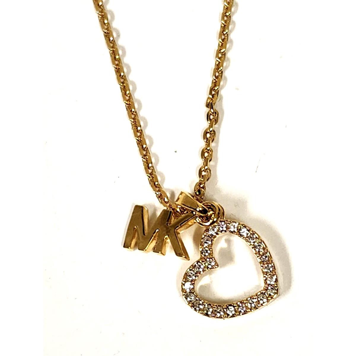 Michael Kors Gold Tone Chain Heart Crystal Pendant MK Logo Necklace MKJ7776