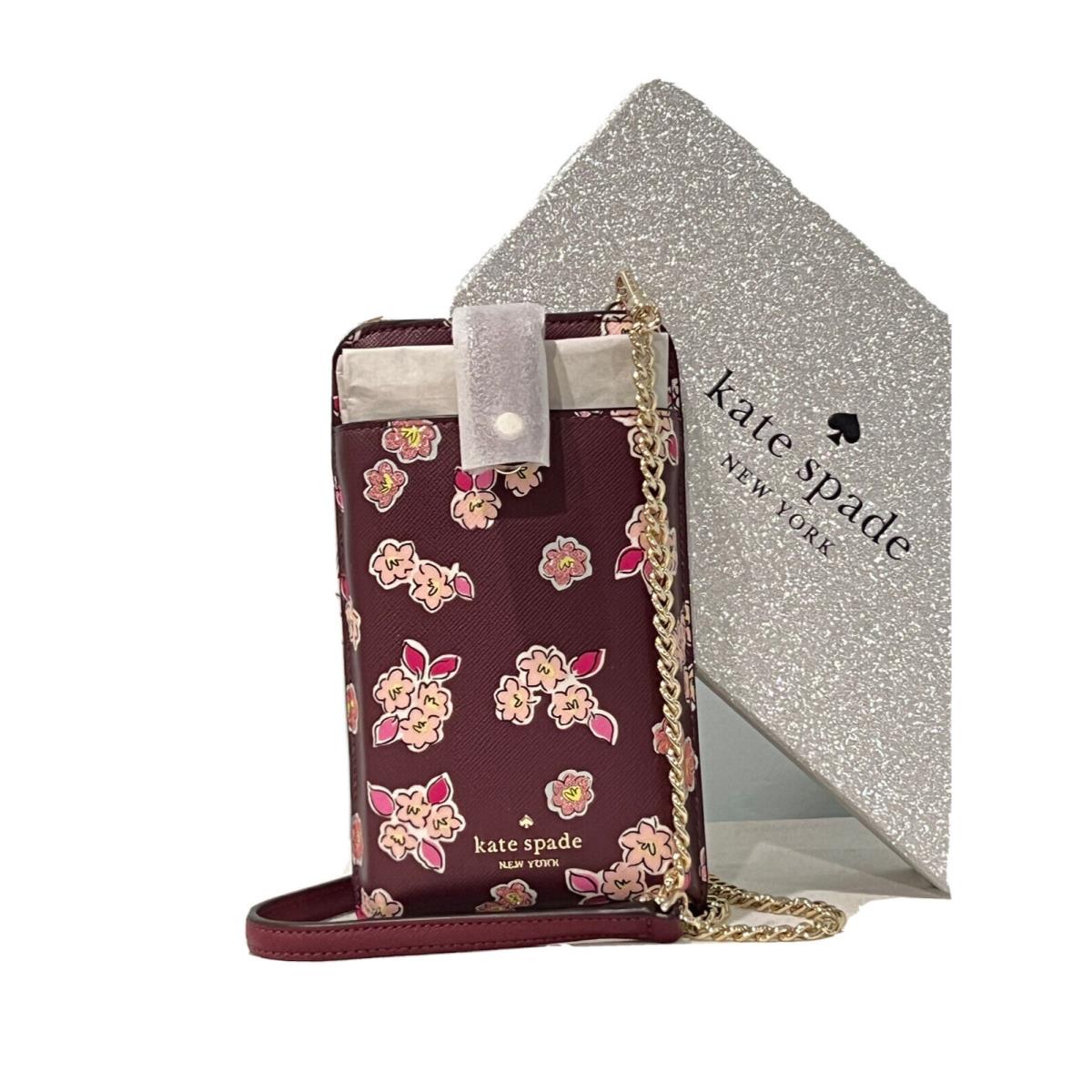 Kate Spade North South Phone Crossbody Bag Tinsel Floral Deep Berry New+gift Box