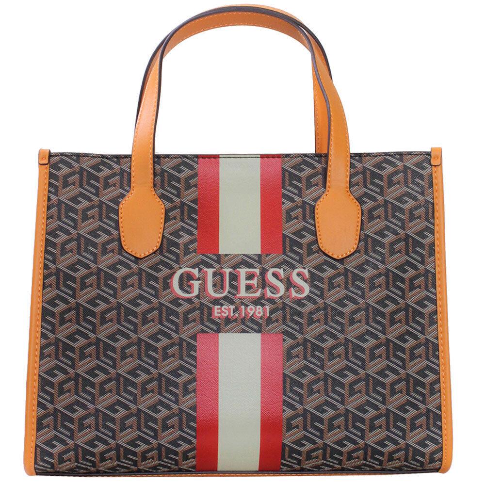 Guess Women`s Silvana Handbag 2-Compartment Pockets Tote Bag Black Logo/Cognac