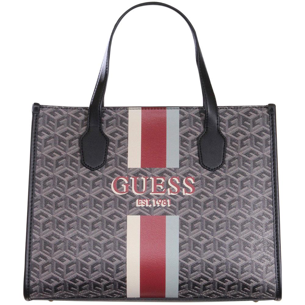 Guess Women`s Silvana Handbag 2-Compartment Pockets Tote Bag Charcoal Logo