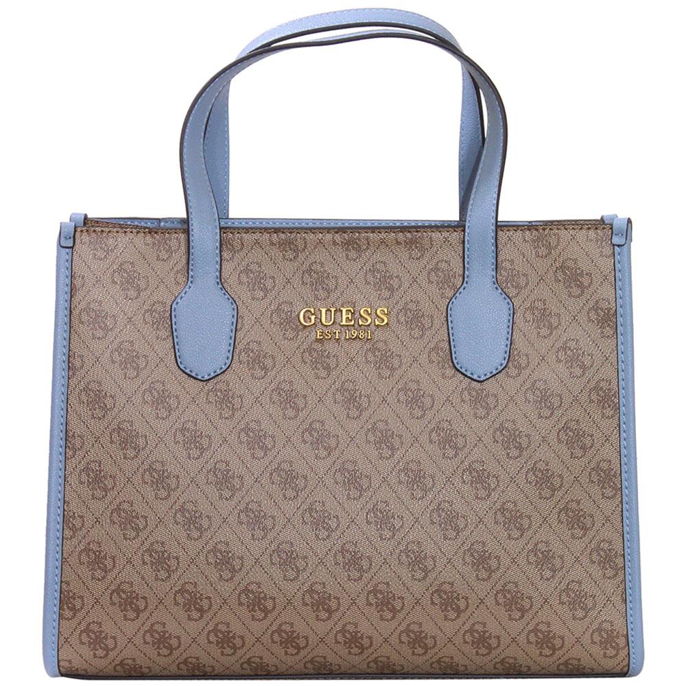 Guess Women`s Silvana Handbag 2-Compartment Pockets Tote Bag Latte Logo/Slate