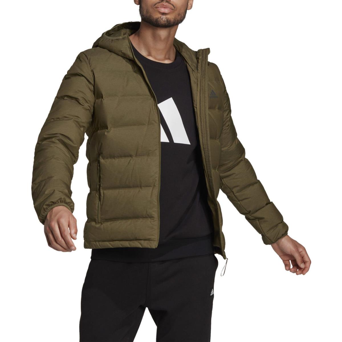 Men`s Adidas Helionic Mel Hooded Down Jacket GQ7137 Focus Olive