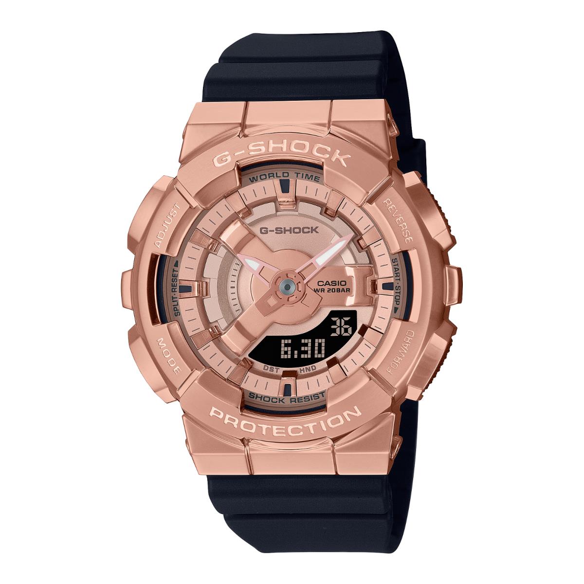 Casio G-shock GMS110PG-1A Digital Pink Gold Dial Black Band Women`s Watch