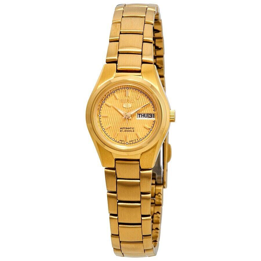 Seiko 5 Women`s Automatic Gold Dial Gold-tone Stainless Steel Watch SYMC18