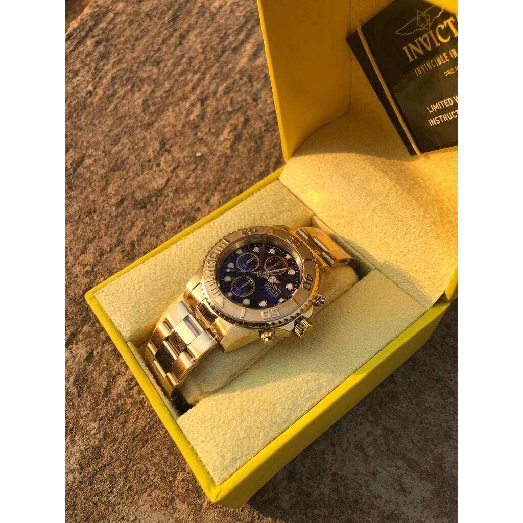 Invicta Men`s Pro Diver Blue Dial 43mm Stainless Steel Chronograph Gold Watch - Dial: Blue, Band: Gold, Bezel: Gold